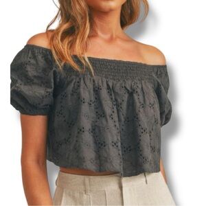 Sage The Label Bluebell Woods Smocked Eyelet Lace Crop Top Charcoal sz S NWT